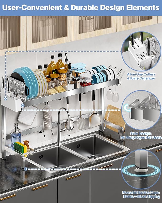 2 Tier Extra Large Over The Sink Dish Drying Rack, Expandable Stainless Steel Dish Drainer with Multifunctional Organizer, Space-Saving Above Sink Dish Rack with Large Capacity for Kitchen Counter