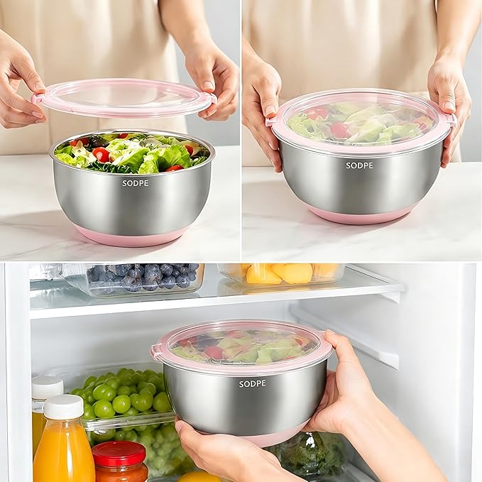 Stainless Steel Salad Spinner Large with 5 Blades Slicer, Lettuce Washer Spinner and Dryer, Vegetable Fruits Chopper Bowl, Egg Yolk Strainer, 5.3Qt Pink