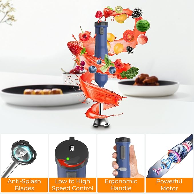 Rosewill 6-in-1 Multi-Speed Cordless Rechargeable Immersion Hand Blender, Heavy Duty Motor - Stick Blender, Beaker, Whisk, Chopper, Dual Beater, Milk Frother - For Smoothies, Baby Food, Soup - Blue