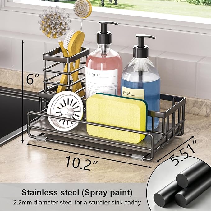 Large Family-Sized Sponge Holder for Kitchen Sink Organizer - Sink Caddy with Instant Drying Stone, Stainless Steel Sponge Holder for Sponges, Scrubbers, Soap, Home Countertop Organizer