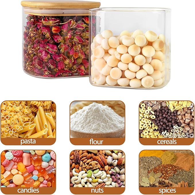 Moretoes 6 Pack 0.6qt Square Glass Storage Containers with Bamboo Lids, Airtight Food Storage Jars for Pantry, Spices, Dry Goods