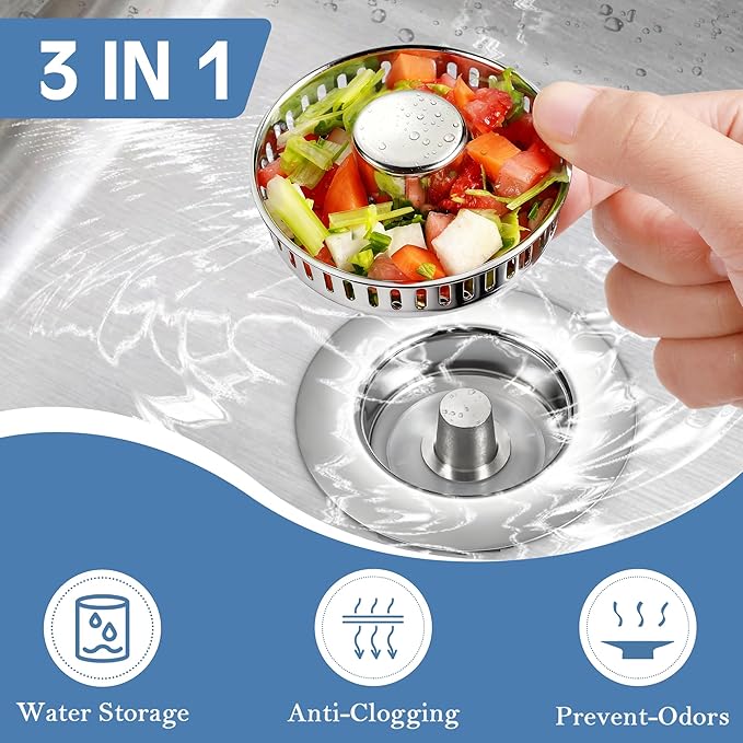 Kitchen Sink Drain Strainer 3 in 1, 304 Stainless Steel Pop Up Sink Stopper, Anti-Clogging Sink Drain Strainer for US Standard Kitchen Drain (Chrome)