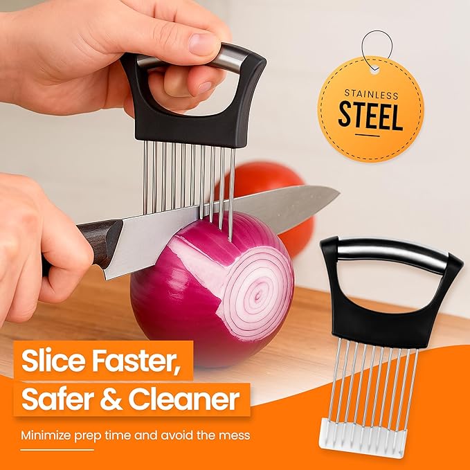 Onion Holder for Slicing (2 Pack) - Stainless Steel Vegetable Slicer Guide, Tomato/Potato/Lemon/Meat Holder - Safe, Even Cuts Kitchen Gadget