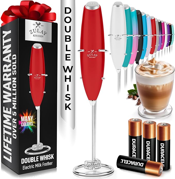 Zulay Kitchen Powerful Milk Frother Wand With Duracell Batteries - Ultra Fast Handheld Drink Mixer - Electric Whisk Foam Maker for Coffee, Lattes, Cappuccino & Matcha - Double Whisk - Red