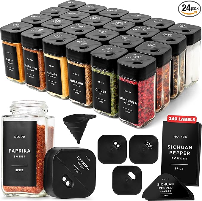 EDELHAUS Square Glass Spice Jars with Label and Black Rotating Lids (24 x 4oz) Spice Containers with 240 Labels, Shaker Inserts, Silicone Funnel, Empty Square Empty Square Seasoning Organizer