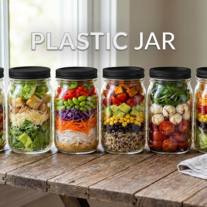 novelinks 32 oz Mason Jars with Plastic Lids, 16 Pack Large Plastic Salad Jars with Lids 32oz, Reusable Spice Containers & Kitchen Jars for Pantry Organization (16 Pack,Black)