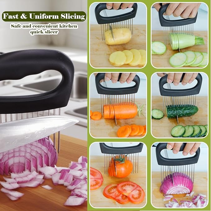 FANTEXY Onion Holder for Slicing - Onion Slicer and Meat Tenderizer Extra Large 16-Prong 304 Stainless Steel, Vegetable Chopper for Potatoes, Tomatoes Slicer Tool for Lemons,Avocados,Carrot