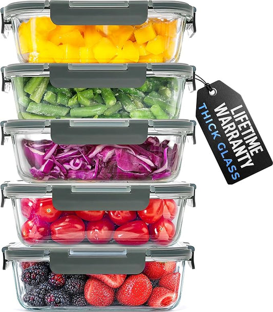Zulay Kitchen 5 Piece Large 36oz Glass Tupperware Container Set with Lids - Premium BPA Free Borosilicate Glass Food Storage Containers - Leak-Proof Meal Prep - Microwave, Freezer & Oven Safe - Gray