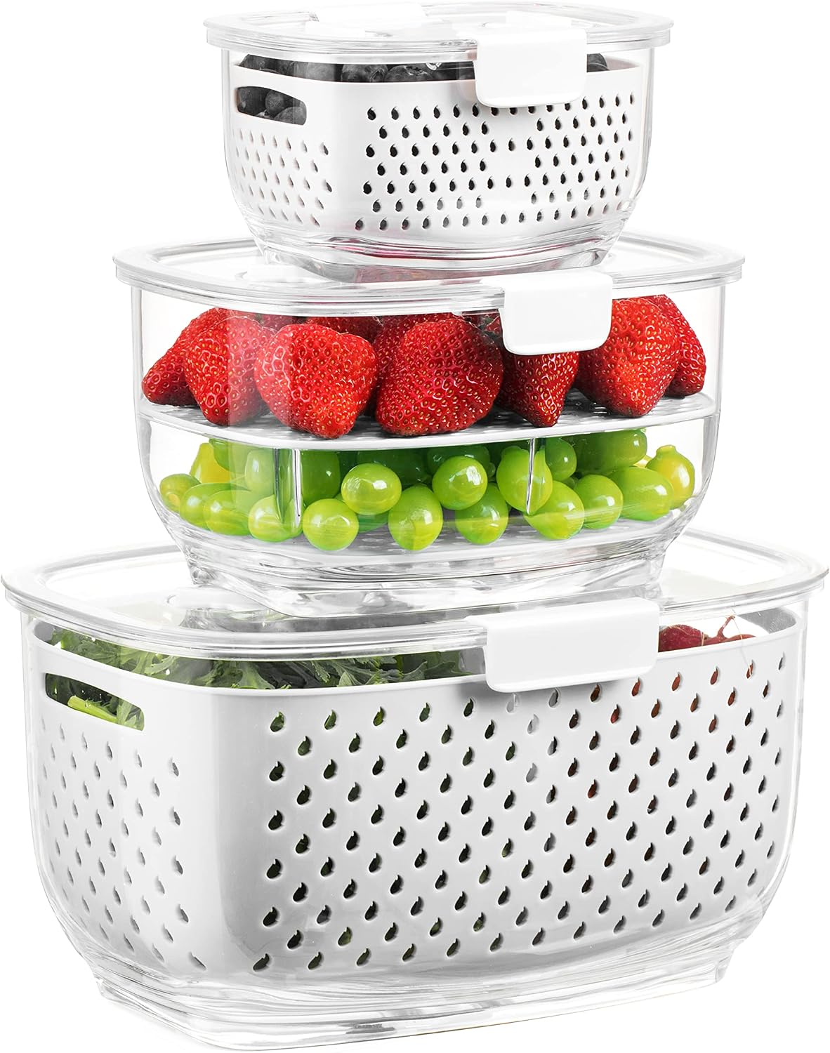 Fresh Produce Vegetable Fruit Storage Containers 3Piece Set, BPA-free, Partitioned Salad Container, Fridge Organizers, Used in Storing Fruits Vegetables, White