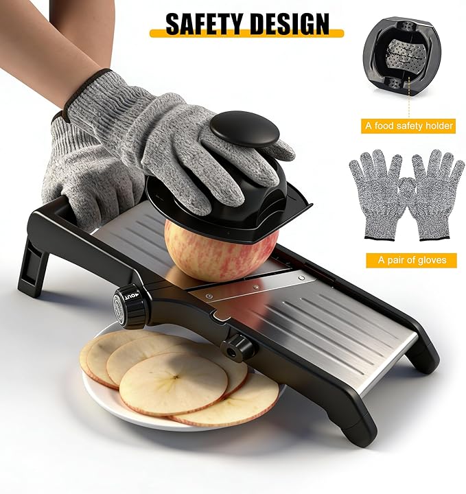 Mandoline Food slicer for kitchen, Adjustable Stainless Steel Mandoline Vegetable slicer, Food slicer Onion Potato Chip French Fry, 7 in-1 Adjustable Blade, Including 1 Pair of Gloves