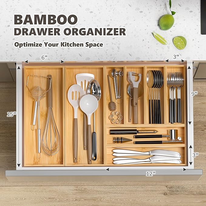 Kitchen Drawer Organizer Bins, Stackable Bamboo Deep Drawer Organizer for Silverware, Utensils, Cutlery, Flatware, Junk Drawer, Dresser, Bathroom