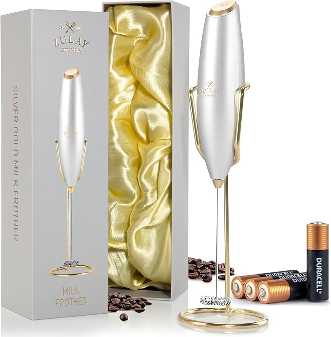 Zulay Kitchen Powerful Milk Frother Wand With Duracell Batteries - Ultra Fast Handheld Drink Mixer - Electric Whisk Foam Maker for Coffee, Lattes, Cappuccino & Matcha - Z1 Motor - Exec Silver Gold