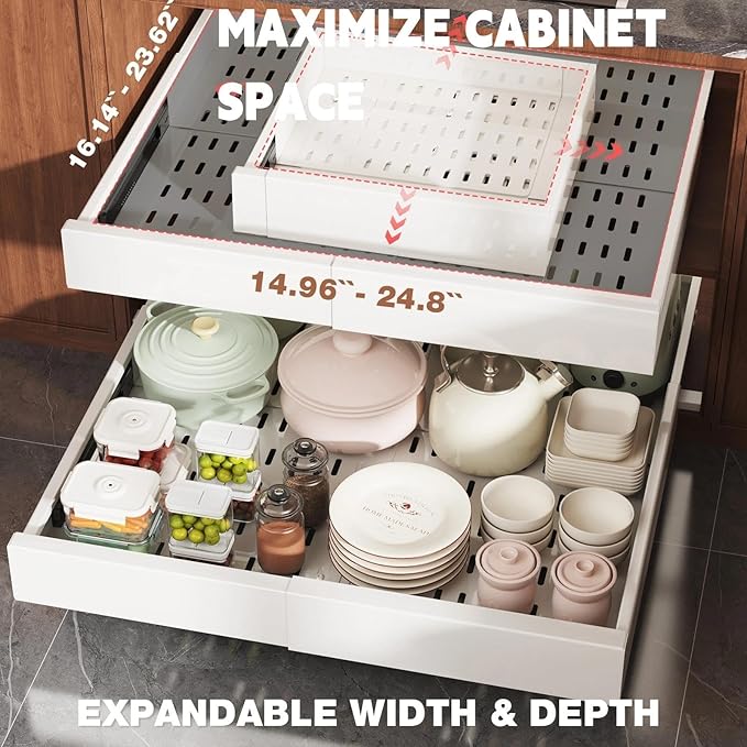 Seinloes Pull Out Cabinet Organizer,4-Side Expandable to Maximize Cabinet Space,Slide Out Drawers with 3 Rail Design,Roll Out Shelf with Raising Pad for Framed Cabinet,15"-25"W x 17"-24"D,White,2 Pack