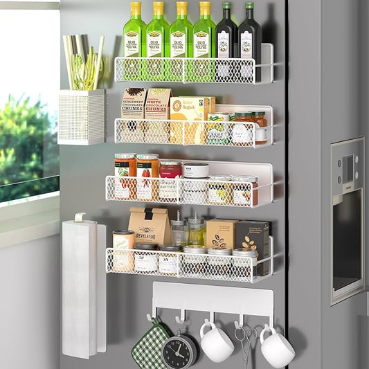 Magnetic Spice Rack for Refrigerator, 7 Pack 100% Metal Strong Magnet Shelves, Kitchen Spice Organizer W/ Hook Rack, Paper Towel Holder