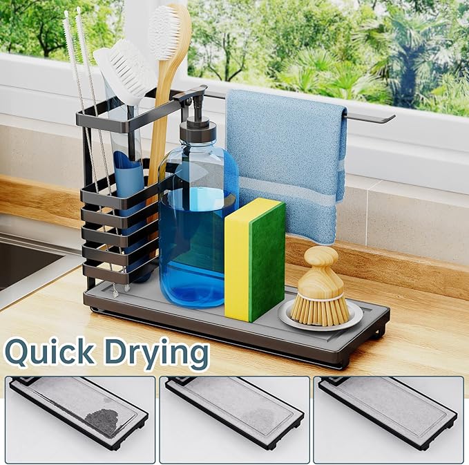 NiHome Multifunctional Kitchen Sink Caddy Organizer with Elevated Brush Holder, Quick-Drying Diatomaceous Earth Base Space-Saving Storage for Detergent Bottles, Sponges, Small Accessories