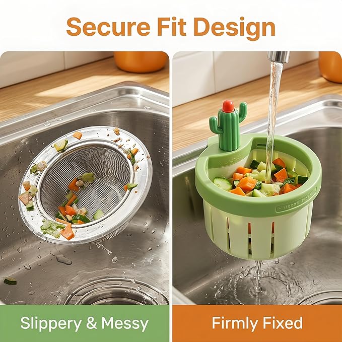 Cactus Kitchen Sink Drain Strainer, 2026 Upgrade Press to Dump Basket Waste Collector, Multifunctional Kitchen Sink Drain Strainer Fun Sink Accessory for Home Bathroom (Green 2 Pcs)