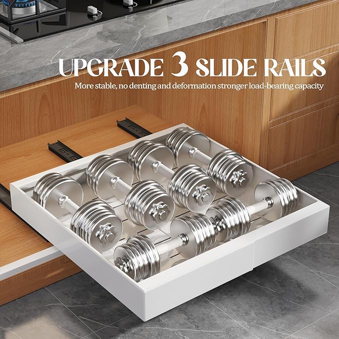 Seinloes 6 Pack Expandable Pull Out Cabinet Organizer 21"Deep With Raising Pad for Framed Cabinets,Upgrade 3 Slide Rails Slide Out Drawers,No Drill Roll Out Shelves,Adjustable Width 12.1"-20.4" White