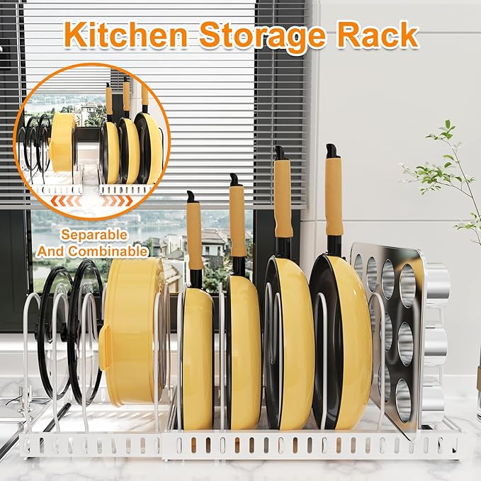 Pot and Pan Organizer Rack for Cabinet, 3 Expandable Pot Lid Organizer Holder with 12 Adjustable Compartment for Kitchen Cutting Board, Pan Lid, Bakeware, White