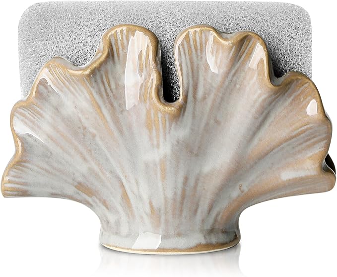 Uiddo Ceramic Sponge Holder,Sponge Holder for Kitchen Sink,Compact Sink Caddy Organizer-Scouring Pad and Dish Holder,Farmhouse Kitchen Decor Cute Gadgets Accessories(Brown Grey)