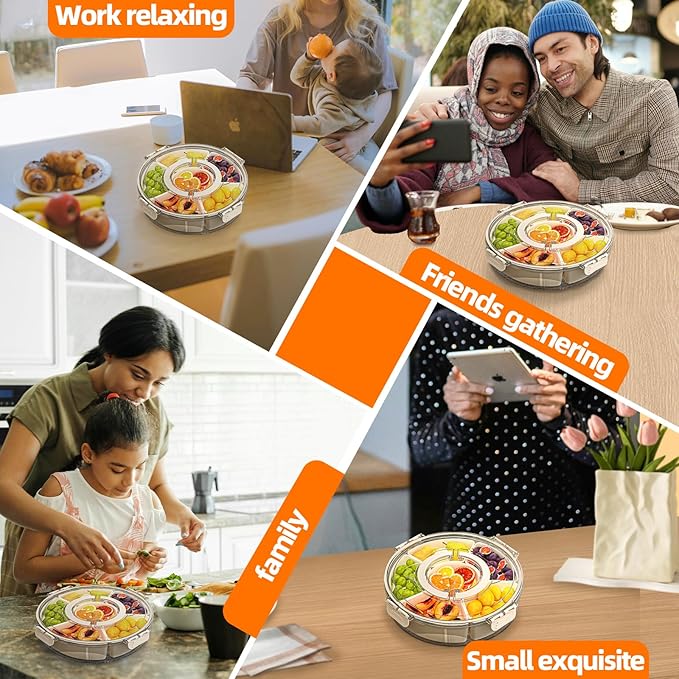 Small Divided Serving Tray with Lid and Handle, Stackable Snackle Box Container for Fruits Candy Organizer, Portable Spinning Rounded Veggie Tray for Kitchen, Party, Trave and Picnic-2 Pack