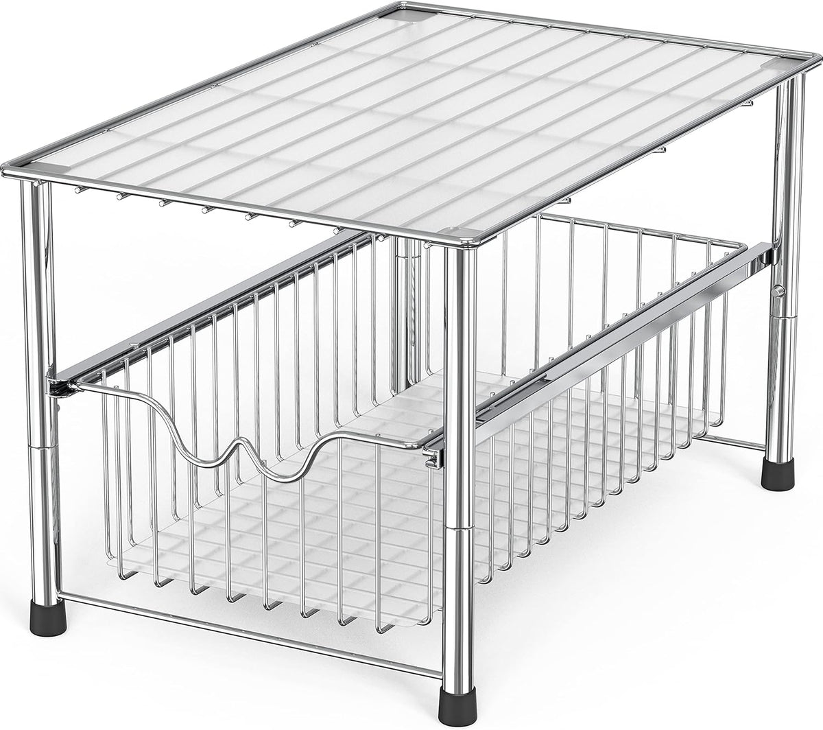 Stackable Under Sink Organizer with Sliding Basket, Chrome
