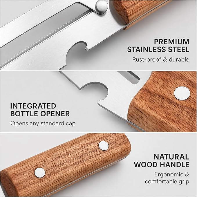 2 Pack Vegetable Peeler, Multi Functional Premium 2-in-1 Potato Peelers, with Wooden Handle & Bottle Opener, Stainless Steel Kitchen Tool for Fruit Potato Pumpkin Papaya, Pare Necessary Kitchen Tools