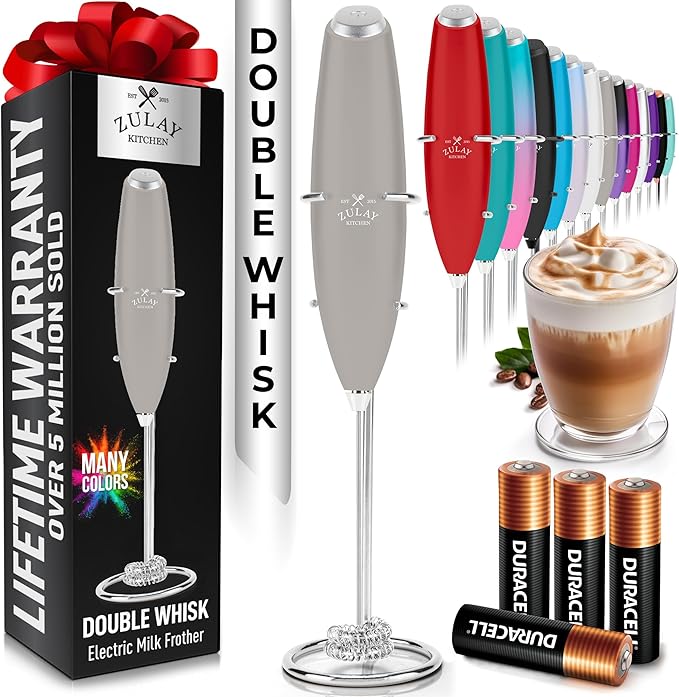 Zulay Kitchen Powerful Milk Frother Wand With Duracell Batteries - Ultra Fast Handheld Drink Mixer - Electric Whisk Foam Maker for Coffee, Lattes, Cappuccino & Matcha - Double Whisk - Gray