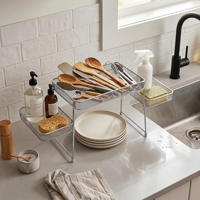 MyGift Chrome Plated Metal Over the Sink Organizer Shelf Rack, 3 Tiered Bathroom or Kitchen Sink Storage Display Caddy