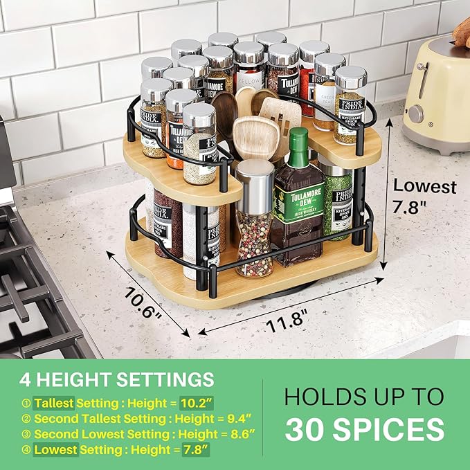 Lazy Susan Organizer Spice Rack - Spice Organization for Cabinet Height Adjustable Rotating Lazy Turntable, Pantry Kitchen Wood Revolving Seasoning Organizer (Natural, 12 Inch)