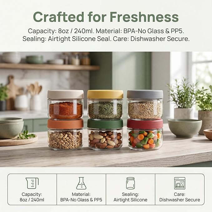 EONJOE 8oz Glass Jars with Lids 1 Cup Small Food Containers for Chia Pudding Jam Snacks Yogurt Overnight Oats Candy,6-Pack