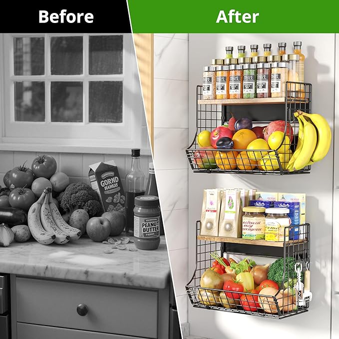 Magnetic Shelf for Fridge with Wood Lid, Fruit Potato and Onion Storage Bins, Pantry Organizers and Storage, Strong Magnetic Spice Rack for Refrigerator, Kitchen Counter and Laundry Room (X-Large)