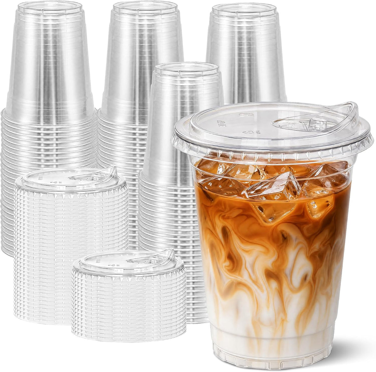 100 Pack 16 oz Clear Plastic Cups with Strawless Sip Lids