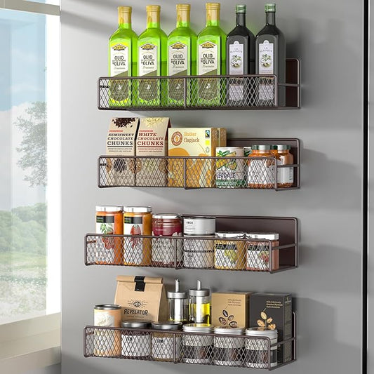 DTUQYX Magnetic Spice Rack for Refrigerator, 4 Pack 100% Metal Strong Magnet Fridge Shelves, Space Saving Spice Organizer