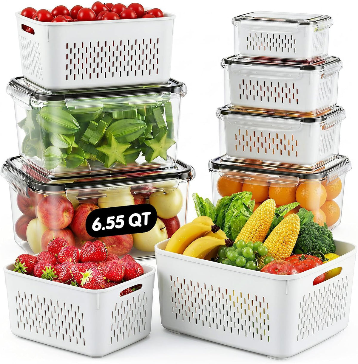 Fruit Storage Containers for Fridge, 6 Pack Plastic Food Storage Container