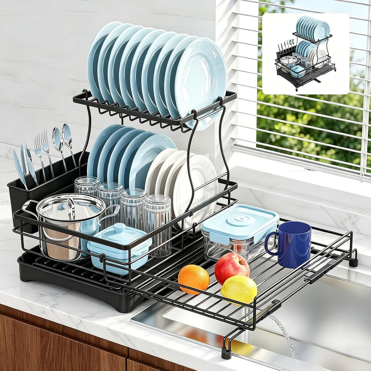 2 Tier Dish Drying Rack, Large Extendable Dish Racks for Kitchen Counter, Dishrack with Drainboard, 2-in-1 Anti-Rust Stainless Steel Dish Drainer with Utensil Holder (Black, double of Dish Rack)