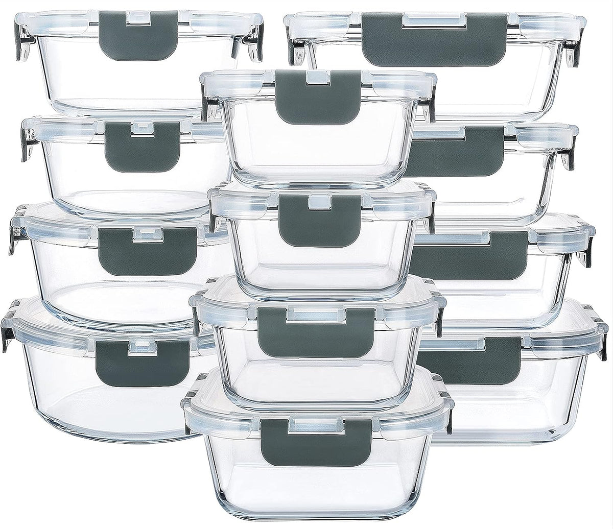 24 Piece Glass Food Storage Containers with Lids,Gray