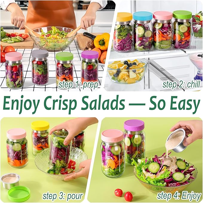KTKUDY 6 Pack 32 oz Glass Salad Jars with Dressing Cups (Pod) - Meal Prep Salad Container for Lunch - Leakproof Mason Jars with Lids