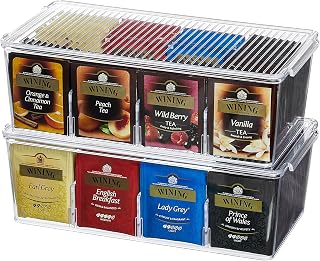 2 Pack 16 Compartment Tea Organizer, Stackable for Cabinet, Clear
