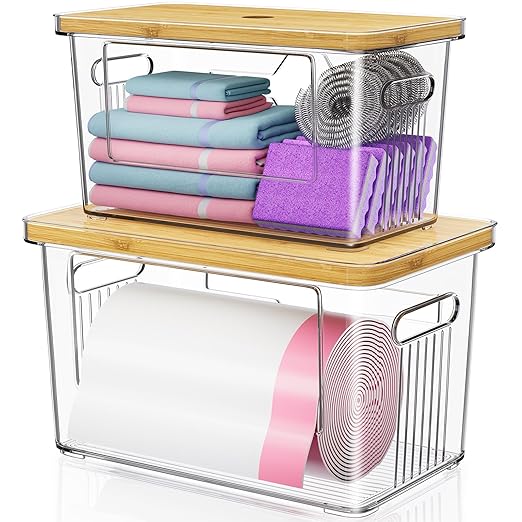 2 Pack Trash Bag Holder with Bamboo Lid, Stackable Acrylic Trash Bag Dispenser Roll Holder Under Sink, Plastic Container Garbage Bags Storage Organizer for Kitchen, Pantry, Laundry Room Organization