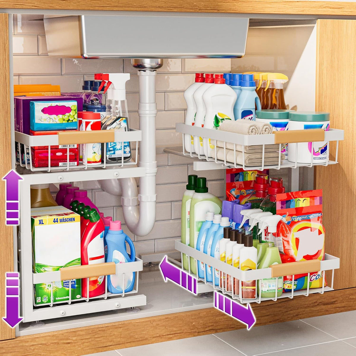 Adjustable Under Sink Organizer, 2-Tier Pull-Out, 2-Pack, White