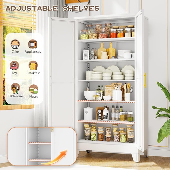 winiowa Tall Metal Kitchen Pantry Storage Cabinet with 2 Doors and 5 Adjustable Shelves - 75.2" Kitchen Cabinet with Gold Handles for Kitchen, Bathroom, Dining Room, Living Room - White