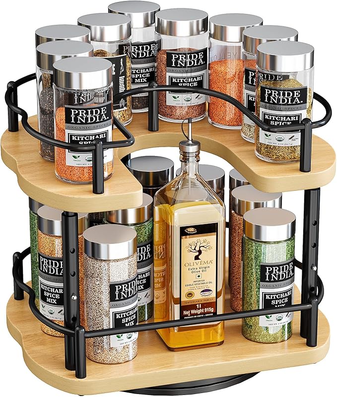 Lazy Susan Organizer Spice Rack - Spice Organization for Cabinet Height Adjustable Rotating Lazy Turntable, Pantry Kitchen Wood Revolving Seasoning Organizer (Natural, 9 Inch)