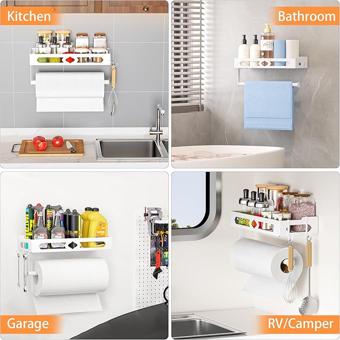 Paper Towel Holder with Shelf, One Hand Tear, Paper Towel Holder Wall Mount with 2 Detachable Hooks for Kitchen, Bathroom, White