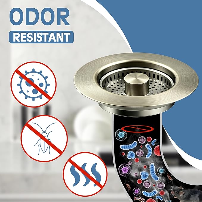 Kitchen Sink Drain Strainer 3 in 1, 304 Stainless Steel Pop Up Sink Stopper, Anti-Clogging Sink Drain Strainer for US Standard Kitchen Drain (Light Bronze)
