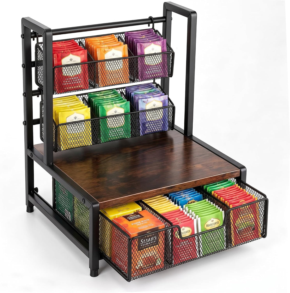 3-Tier Tea Bag Holder Organizer, Metal Tea Station Organizer with Drawer