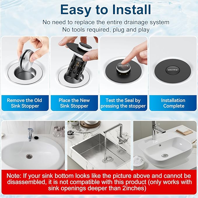 Bathroom Sink Drain Strainer,All Metal Pop-Up Sink Stopper with Removable Stainless Steel Filter Basket, Universal Bathroom Hair Catcher Fit for 1.1-2.36'' Drain (Black, 2 Pack)