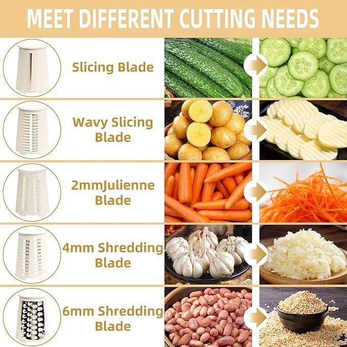 Rotary Cheese Grater with Handle, Vegetable Shredder with 5 Replaceable Blades & Strong Suction Base, Round Food Slicer & Chopper for Kitchen Fruit Vegetables Nuts with Blade Storage Box (Beige)