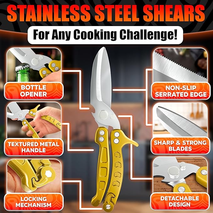 Heavy Duty Poultry Shears – Kitchen Shears Dishwasher Safe, Spring-Loaded, 3Cr14 Steel, Micro-Serrated, Separates for Easy Cleaning | Bone Scissors for Chicken, Turkey, Seafood & Fish Scale (Gold)