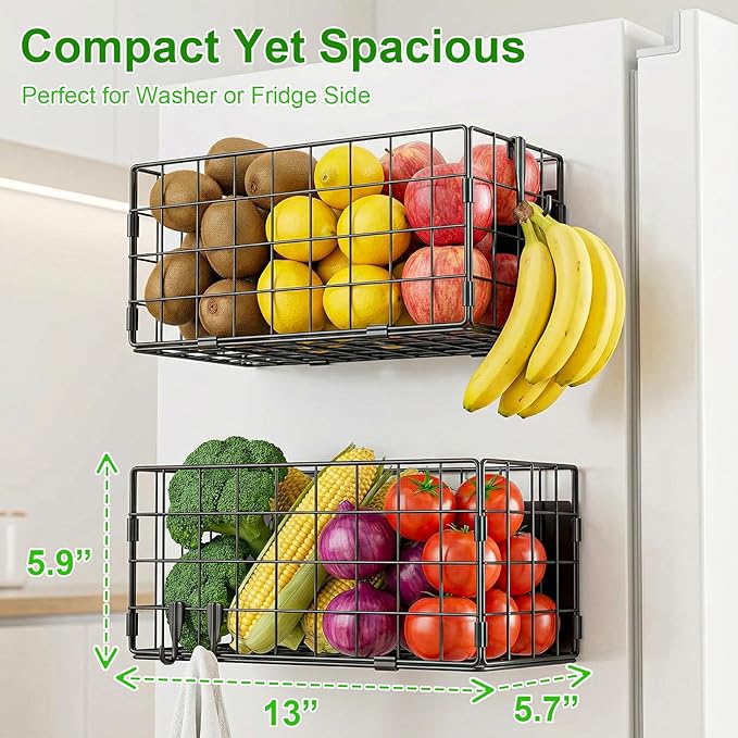 2 Pack Magnetic Basket for Laundry Room & Fridge Side, Large Metal Fruit Potato Onion Storage Bin with Strong Magnets & Hooks, Magnetic Organizer Shelf for Refrigerator