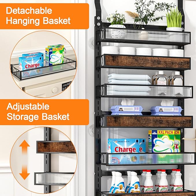 8 Tier Pantry Door Organizer Spice Rack, 2-IN-1 Wall Mount or Hanging Over Door Seasoning Organizer with Adjustable Baskets, Heavy Duty Behind Door Storage Shelves for Pantry, Cabinet and Kitchen